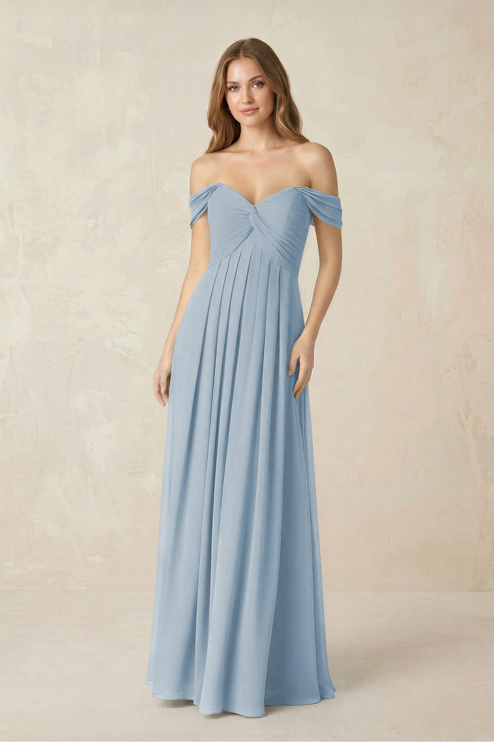 Off - the - Shoulder A - Line Chiffon Pleated Bridesmaid Dress in Dusty Blue - KISS BRIDAL Bridesmaid Dresses