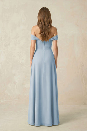 Off - the - Shoulder A - Line Chiffon Pleated Bridesmaid Dress in Dusty Blue - SHE IS ME Bridesmaid Dresses