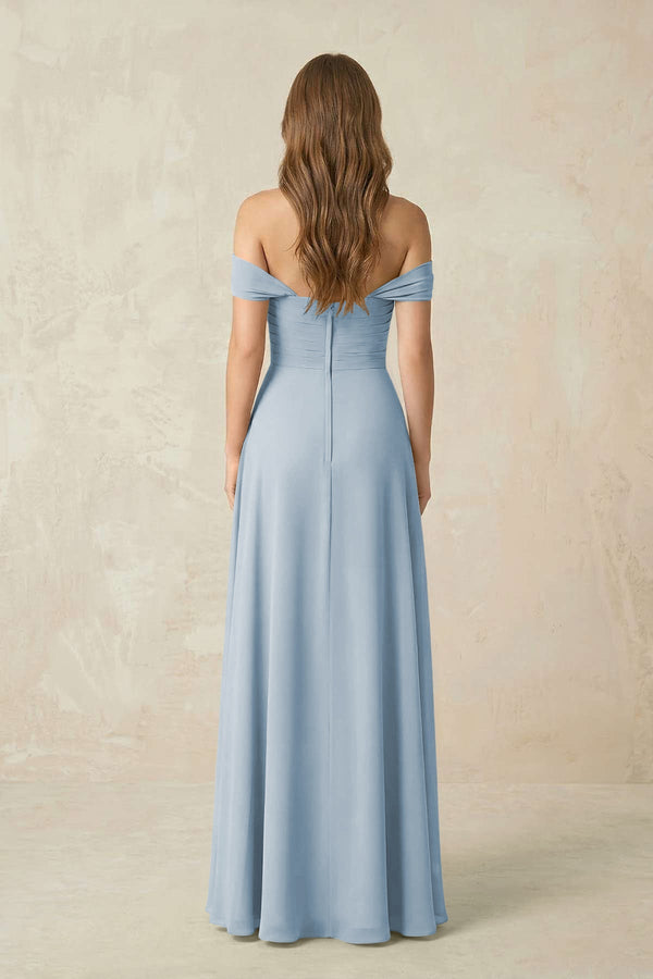 Off - the - Shoulder A - Line Chiffon Pleated Bridesmaid Dress in Dusty Blue - SHE IS ME Bridesmaid Dresses