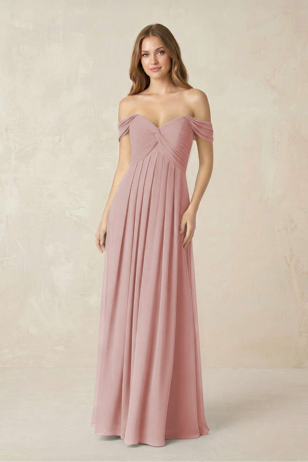 Off - the - Shoulder A - Line Chiffon Pleated Bridesmaid Dress in Dusty Rose - KISS BRIDAL Bridesmaid Dresses