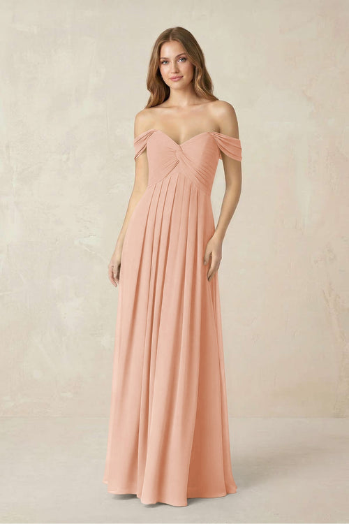 Off - the - Shoulder A - Line Chiffon Pleated Bridesmaid Dress in English Rose - SHE IS ME Bridesmaid Dresses