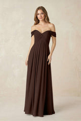 Off - the - Shoulder A - Line Chiffon Pleated Bridesmaid Dress in Espresso - KISS BRIDAL Bridesmaid Dresses