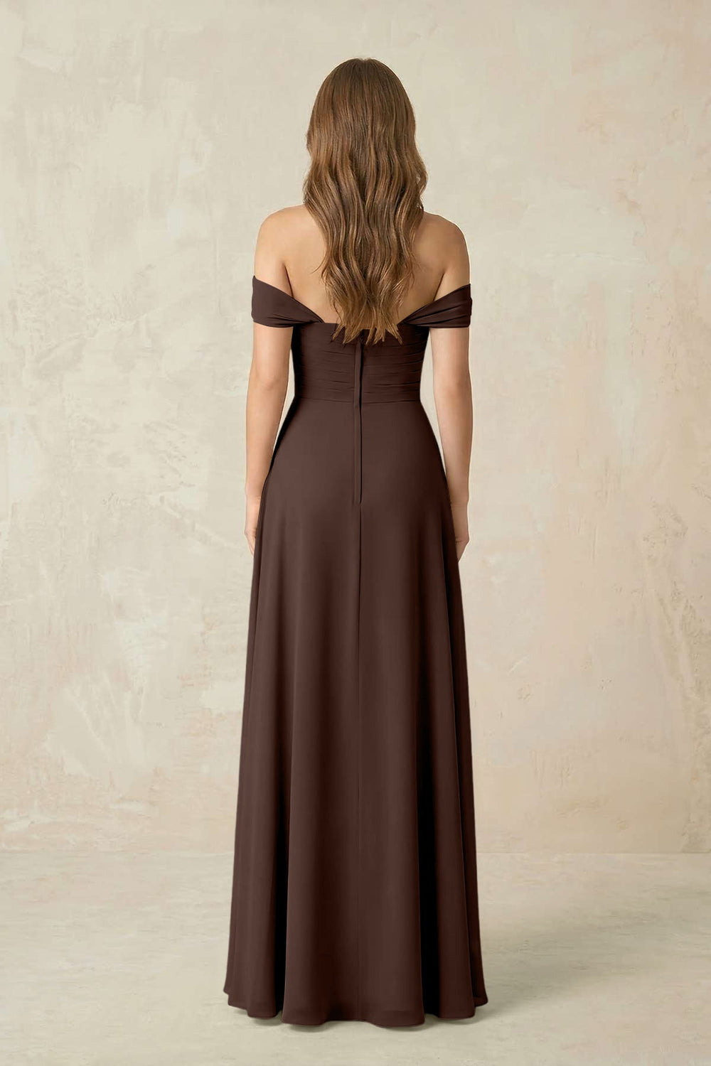 Off - the - Shoulder A - Line Chiffon Pleated Bridesmaid Dress in Espresso - KISS BRIDAL Bridesmaid Dresses