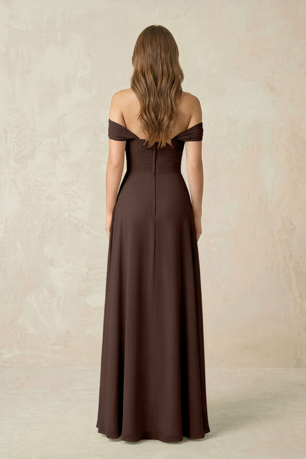 Off - the - Shoulder A - Line Chiffon Pleated Bridesmaid Dress in Espresso - SHE IS ME Bridesmaid Dresses