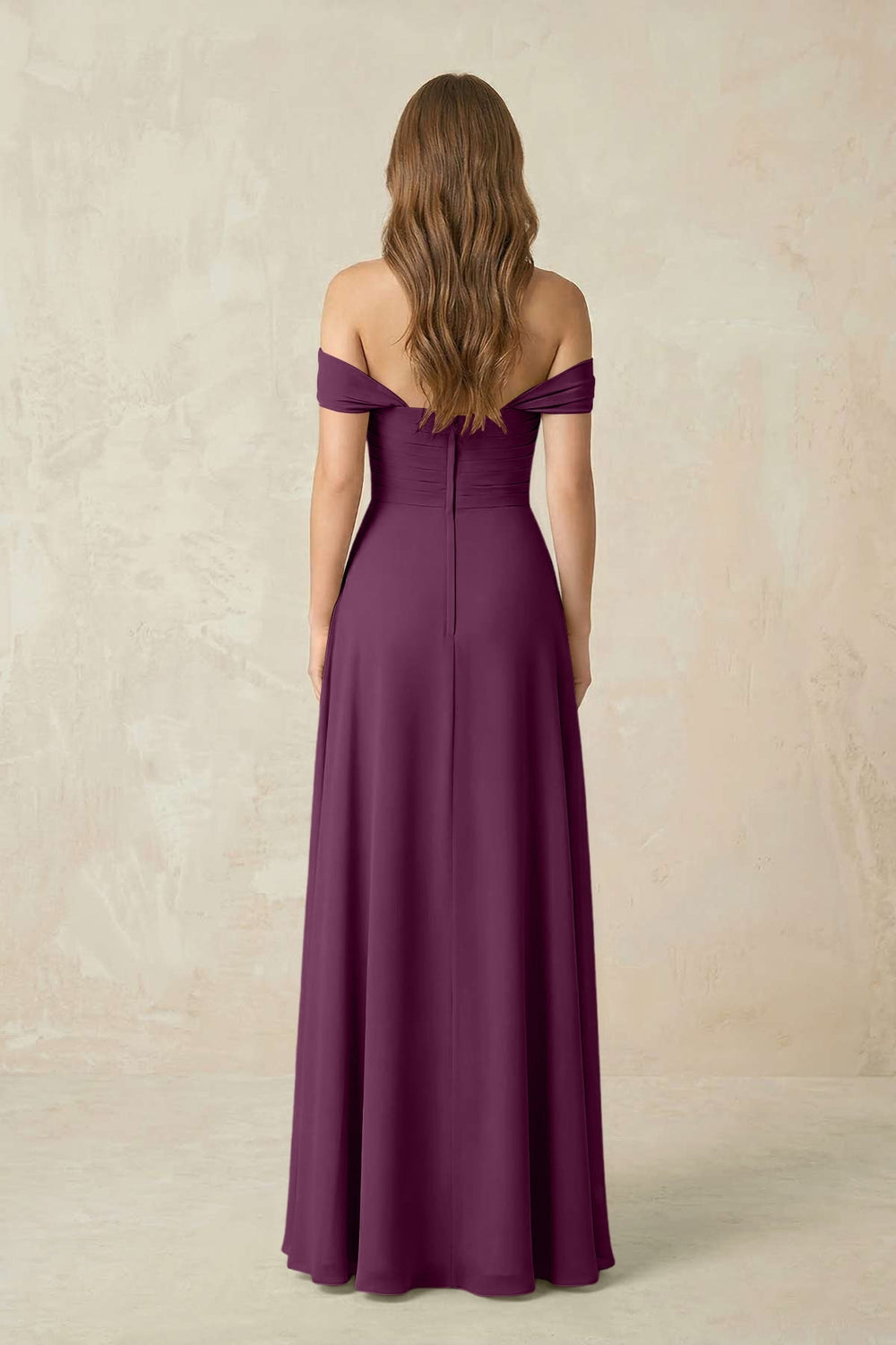 Off - the - Shoulder A - Line Chiffon Pleated Bridesmaid Dress in Fig - KISS BRIDAL Bridesmaid Dresses