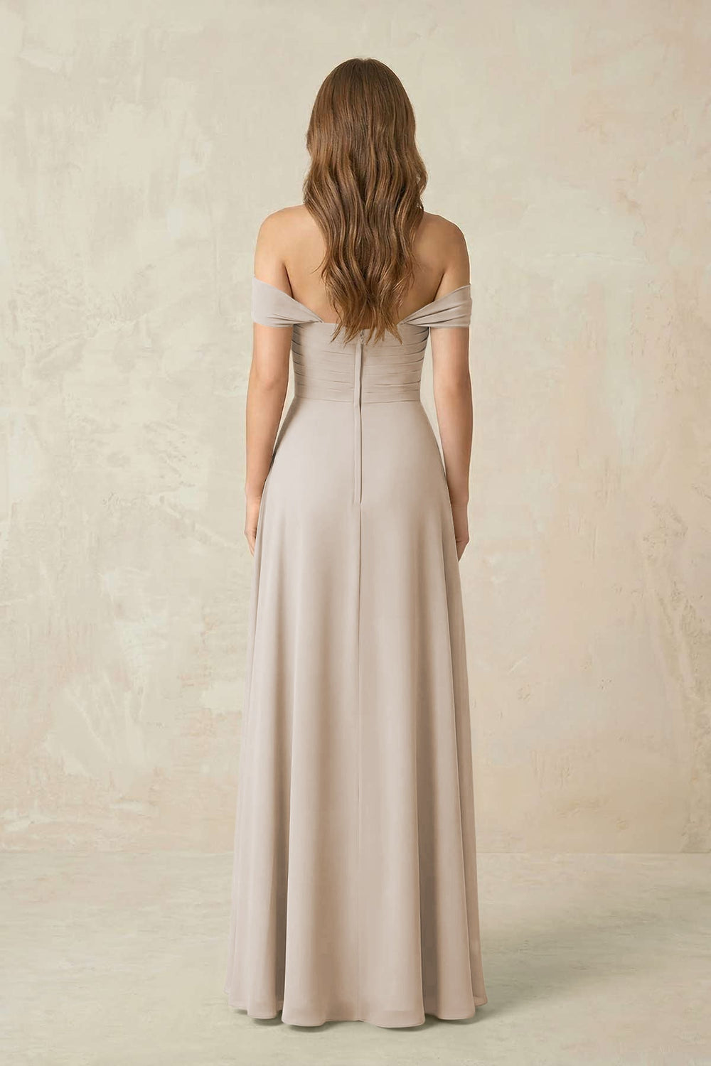Off - the - Shoulder A - Line Chiffon Pleated Bridesmaid Dress in Frost - KISS BRIDAL Bridesmaid Dresses