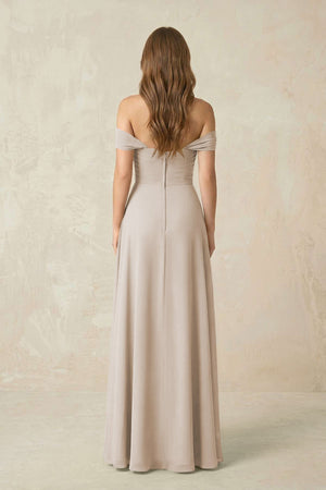 Off - the - Shoulder A - Line Chiffon Pleated Bridesmaid Dress in Frost - SHE IS ME Bridesmaid Dresses