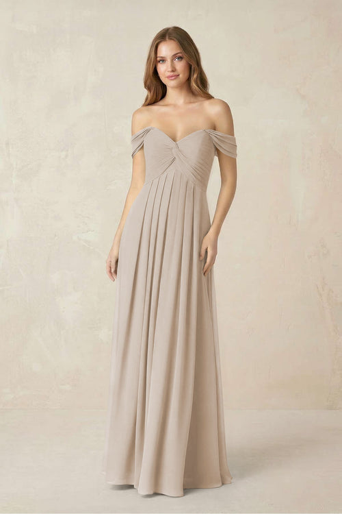 Off - the - Shoulder A - Line Chiffon Pleated Bridesmaid Dress in Frost - SHE IS ME Bridesmaid Dresses