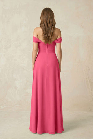 Off - the - Shoulder A - Line Chiffon Pleated Bridesmaid Dress in Fuchsia - SHE IS ME Bridesmaid Dresses