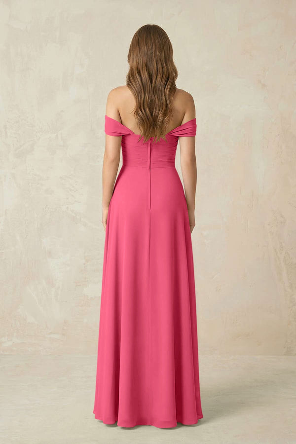 Off - the - Shoulder A - Line Chiffon Pleated Bridesmaid Dress in Fuchsia - SHE IS ME Bridesmaid Dresses