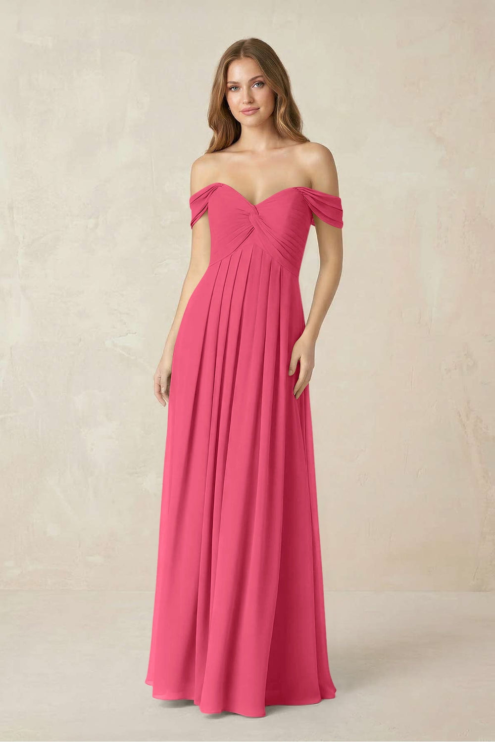 Off - the - Shoulder A - Line Chiffon Pleated Bridesmaid Dress in Fuchsia - KISS BRIDAL Bridesmaid Dresses