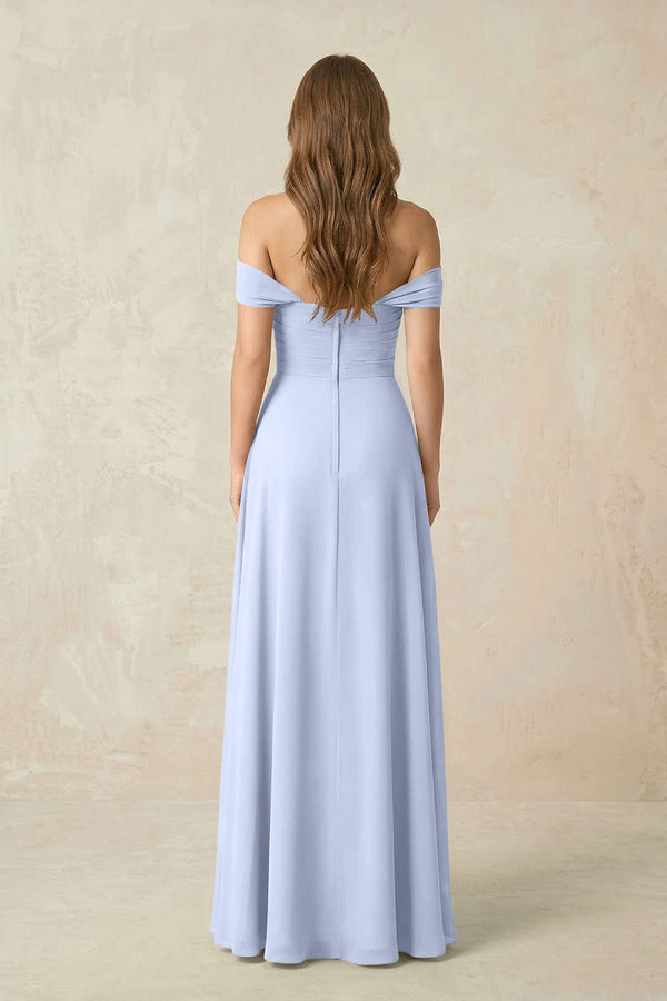 Off - the - Shoulder A - Line Chiffon Pleated Bridesmaid Dress in Ice - SHE IS ME Bridesmaid Dresses