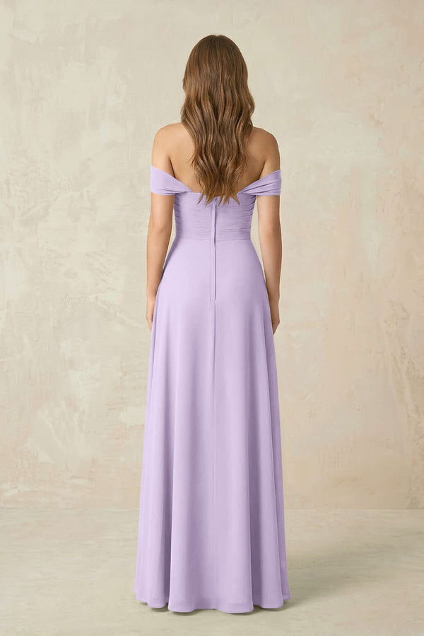 Off - the - Shoulder A - Line Chiffon Pleated Bridesmaid Dress in Lavender - SHE IS ME Bridesmaid Dresses