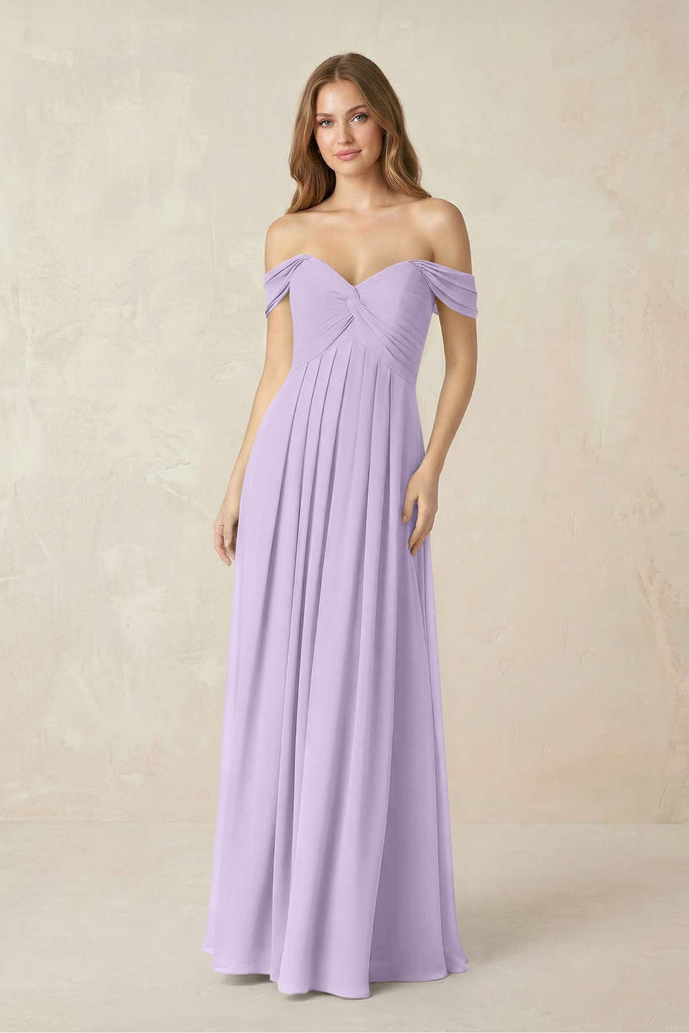Off - the - Shoulder A - Line Chiffon Pleated Bridesmaid Dress in Lavender - KISS BRIDAL Bridesmaid Dresses