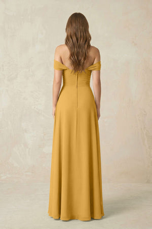 Off - the - Shoulder A - Line Chiffon Pleated Bridesmaid Dress in Marigold - SHE IS ME Bridesmaid Dresses
