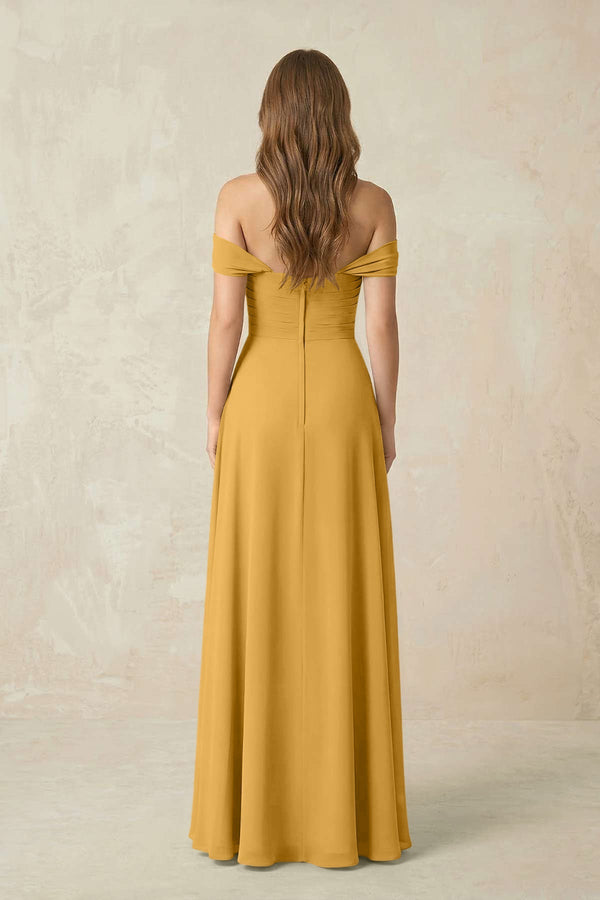 Off - the - Shoulder A - Line Chiffon Pleated Bridesmaid Dress in Marigold - SHE IS ME Bridesmaid Dresses