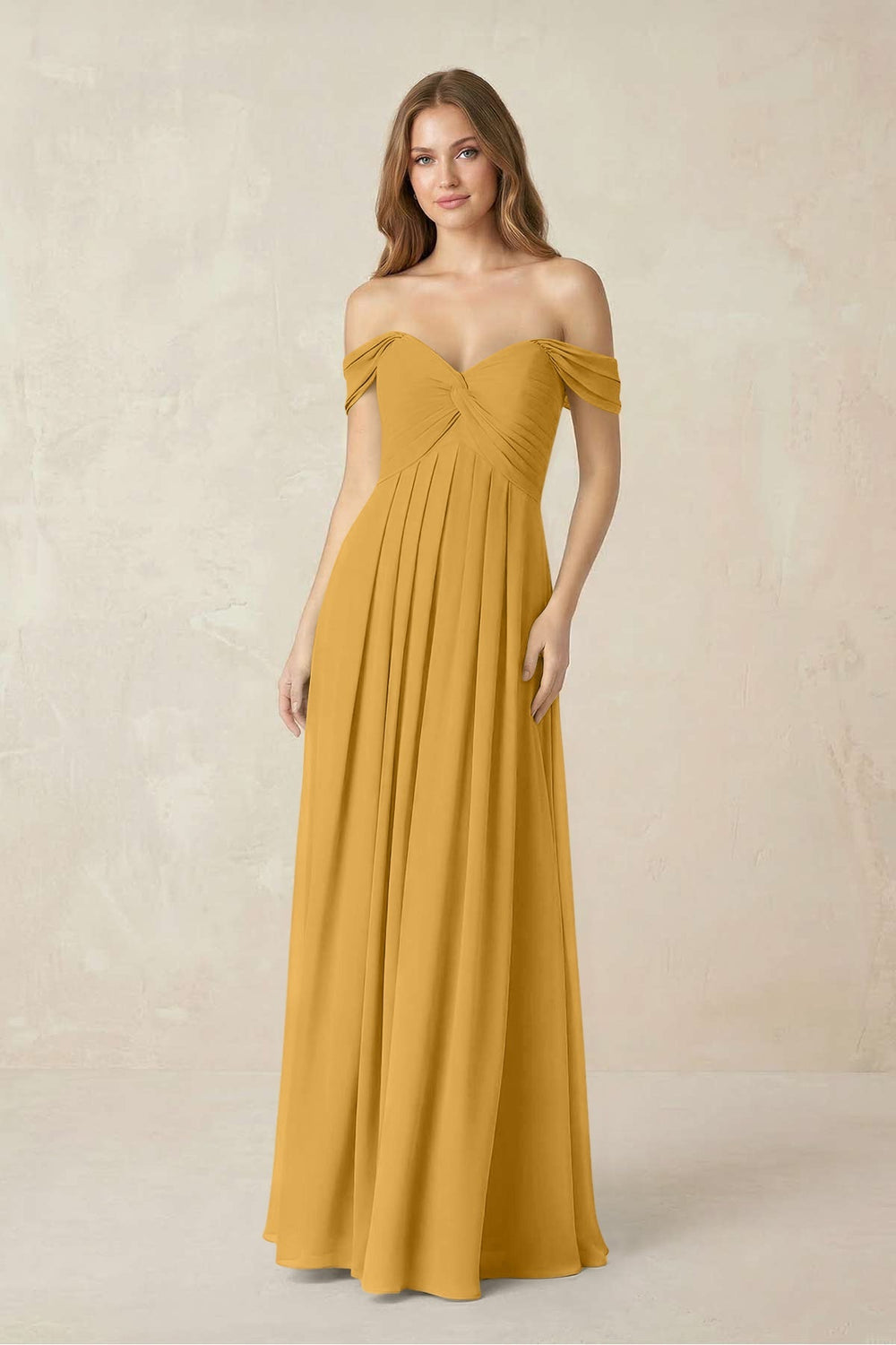 Off - the - Shoulder A - Line Chiffon Pleated Bridesmaid Dress in Marigold - KISS BRIDAL Bridesmaid Dresses