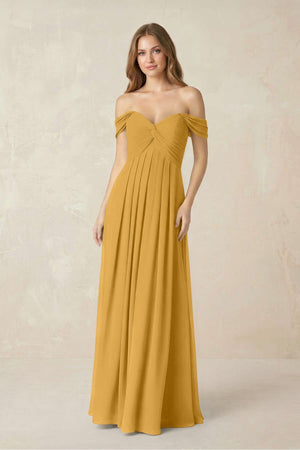 Off - the - Shoulder A - Line Chiffon Pleated Bridesmaid Dress in Marigold - SHE IS ME Bridesmaid Dresses