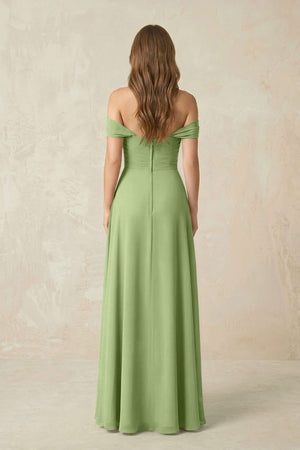 Off - the - Shoulder A - Line Chiffon Pleated Bridesmaid Dress in Matcha - SHE IS ME Bridesmaid Dresses