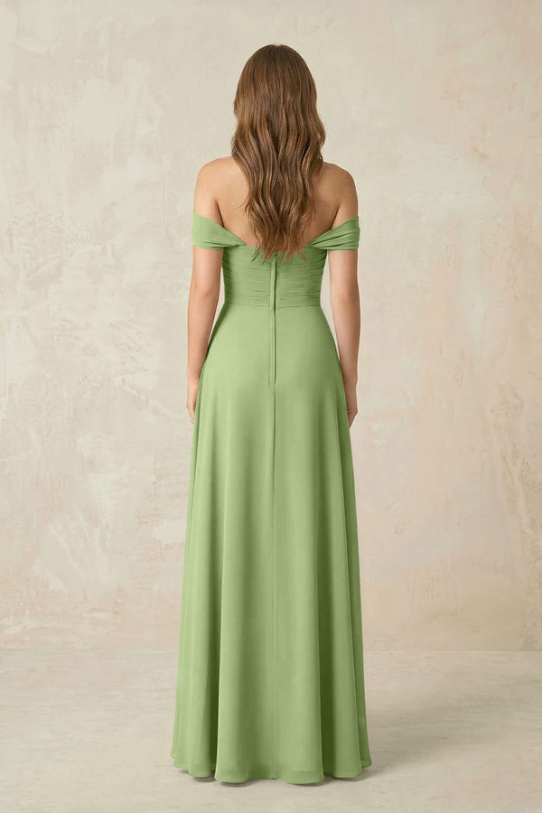 Off - the - Shoulder A - Line Chiffon Pleated Bridesmaid Dress in Matcha - SHE IS ME Bridesmaid Dresses