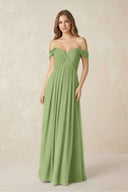 Off - the - Shoulder A - Line Chiffon Pleated Bridesmaid Dress in Matcha - SHE IS ME Bridesmaid Dresses