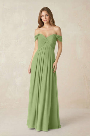 Off - the - Shoulder A - Line Chiffon Pleated Bridesmaid Dress in Matcha - SHE IS ME Bridesmaid Dresses