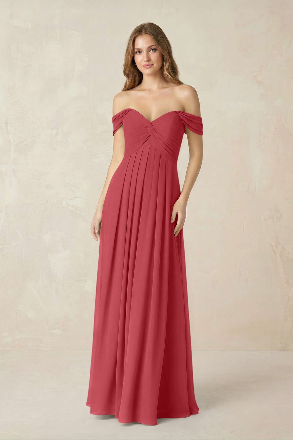 Off - the - Shoulder A - Line Chiffon Pleated Bridesmaid Dress in Merlot - KISS BRIDAL Bridesmaid Dresses