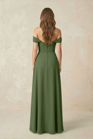 Off-the-Shoulder A-Line Chiffon Pleated Bridesmaid Dress in Moss (2) | KISSBRIDAL