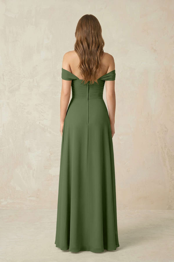 Off-the-Shoulder A-Line Chiffon Pleated Bridesmaid Dress in Moss (2) | KISSBRIDAL