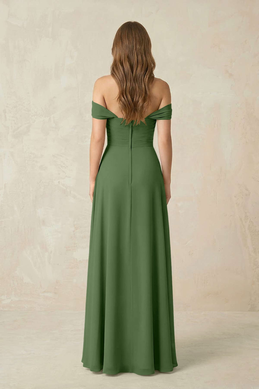 Off - the - Shoulder A - Line Chiffon Pleated Bridesmaid Dress in Moss - KISS BRIDAL Bridesmaid Dresses