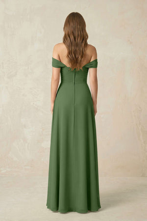 Off - the - Shoulder A - Line Chiffon Pleated Bridesmaid Dress in Moss - SHE IS ME Bridesmaid Dresses