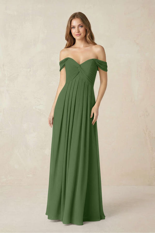 Off - the - Shoulder A - Line Chiffon Pleated Bridesmaid Dress in Moss - SHE IS ME Bridesmaid Dresses