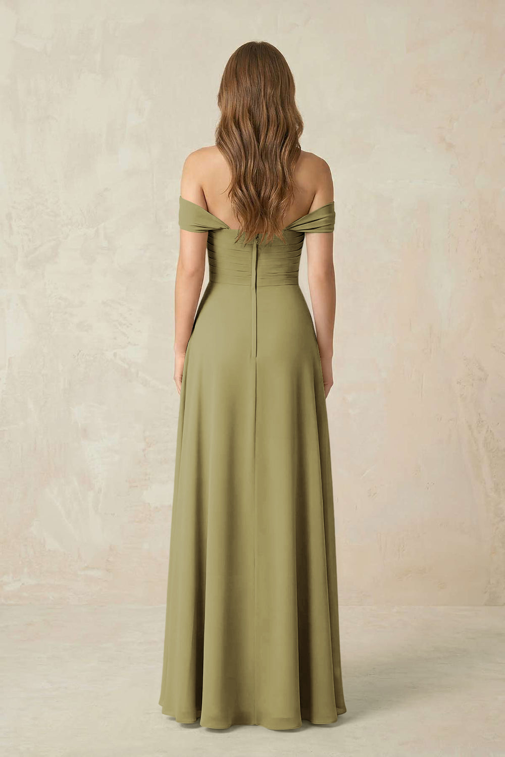 Off-the-Shoulder A-Line Chiffon Pleated Bridesmaid Dress in Moss Green