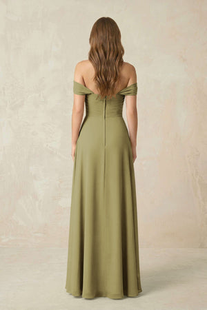 Off-the-Shoulder A-Line Chiffon Pleated Bridesmaid Dress in Moss Green (2) | KISSBRIDAL