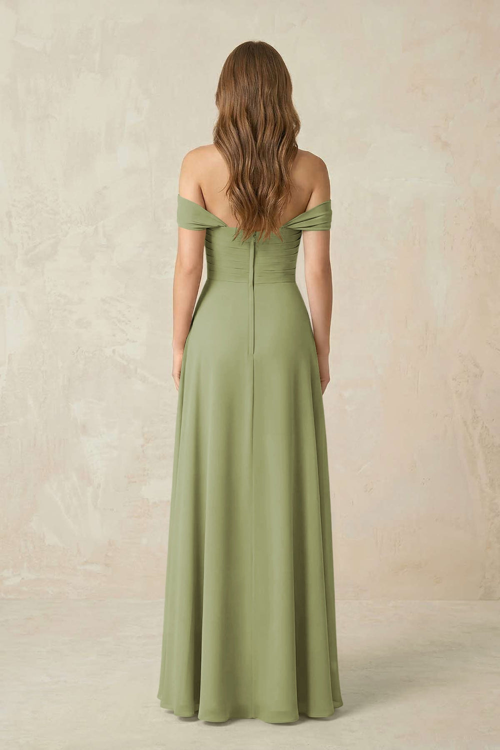 Off - the - Shoulder A - Line Chiffon Pleated Bridesmaid Dress in Moss Green - KISS BRIDAL Bridesmaid Dresses