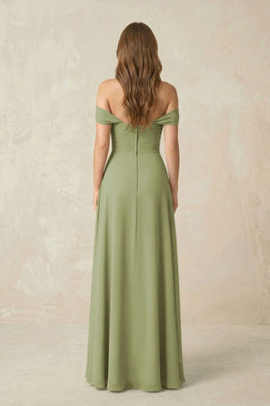 Off - the - Shoulder A - Line Chiffon Pleated Bridesmaid Dress in Moss Green - SHE IS ME Bridesmaid Dresses