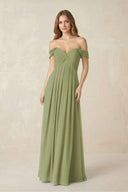 Off - the - Shoulder A - Line Chiffon Pleated Bridesmaid Dress in Moss Green - SHE IS ME Bridesmaid Dresses