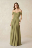 Off-the-Shoulder A-Line Chiffon Pleated Bridesmaid Dress in Moss Green | KISSBRIDAL