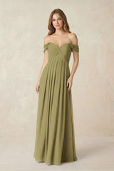 Off-the-Shoulder A-Line Chiffon Pleated Bridesmaid Dress in Moss Green | KISSBRIDAL