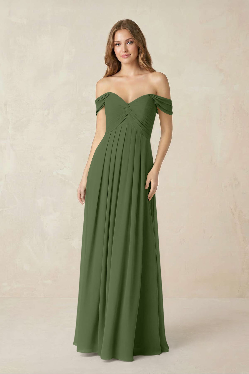 Off-the-Shoulder A-Line Chiffon Pleated Bridesmaid Dress in Moss