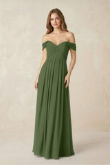 Off-the-Shoulder A-Line Chiffon Pleated Bridesmaid Dress in Moss | KISSBRIDAL