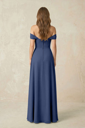 Off - the - Shoulder A - Line Chiffon Pleated Bridesmaid Dress in Navy - SHE IS ME Bridesmaid Dresses