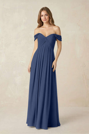 Off - the - Shoulder A - Line Chiffon Pleated Bridesmaid Dress in Navy - SHE IS ME Bridesmaid Dresses