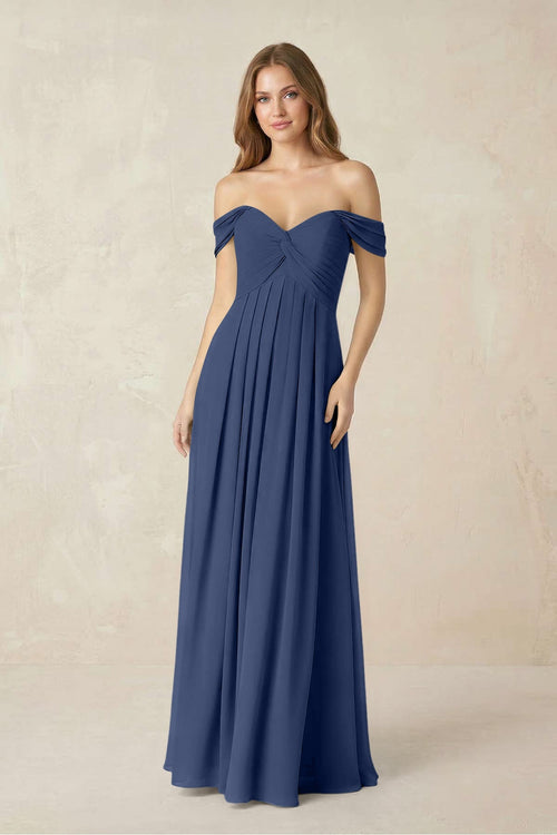 Off - the - Shoulder A - Line Chiffon Pleated Bridesmaid Dress in Navy - SHE IS ME Bridesmaid Dresses
