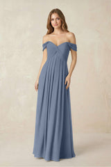 Off - the - Shoulder A - Line Chiffon Pleated Bridesmaid Dress in Neptune - KISS BRIDAL Bridesmaid Dresses