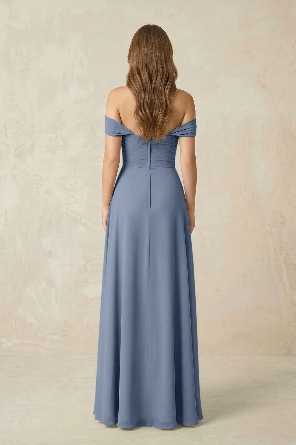 Off - the - Shoulder A - Line Chiffon Pleated Bridesmaid Dress in Neptune - KISS BRIDAL Bridesmaid Dresses