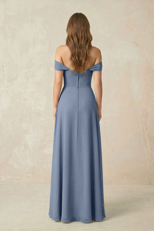 Off - the - Shoulder A - Line Chiffon Pleated Bridesmaid Dress in Neptune - SHE IS ME Bridesmaid Dresses