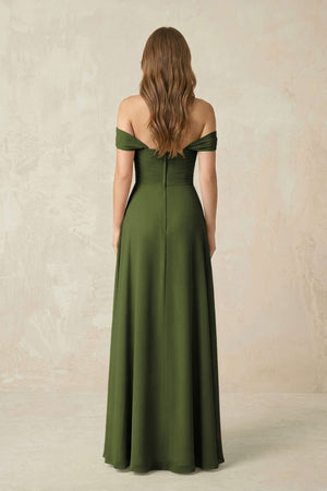 Off - the - Shoulder A - Line Chiffon Pleated Bridesmaid Dress in Olive - SHE IS ME Bridesmaid Dresses