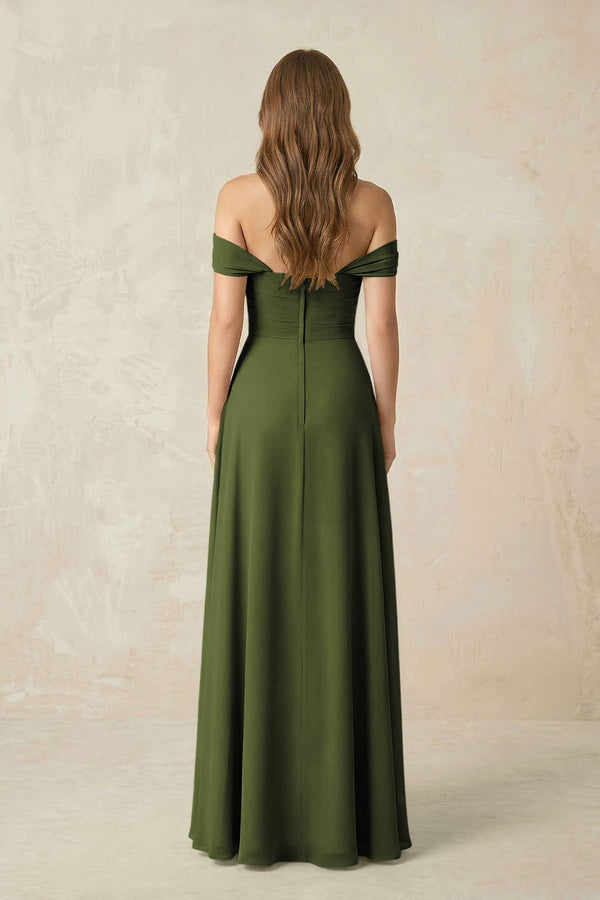 Off - the - Shoulder A - Line Chiffon Pleated Bridesmaid Dress in Olive - SHE IS ME Bridesmaid Dresses
