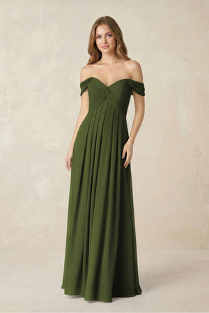 Off - the - Shoulder A - Line Chiffon Pleated Bridesmaid Dress in Olive - SHE IS ME Bridesmaid Dresses